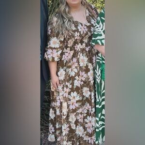 Polagram Smocked Floral Brown Plus Size Maxi dress